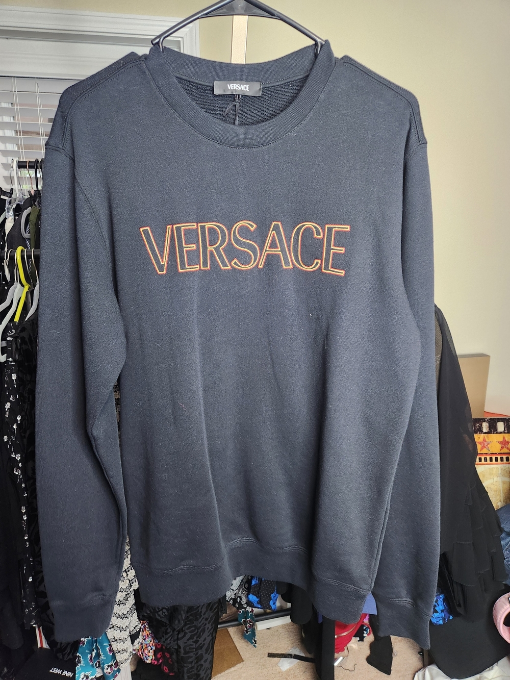 Versace Black Crewneck Sweatshirt with Orange Logo Outline